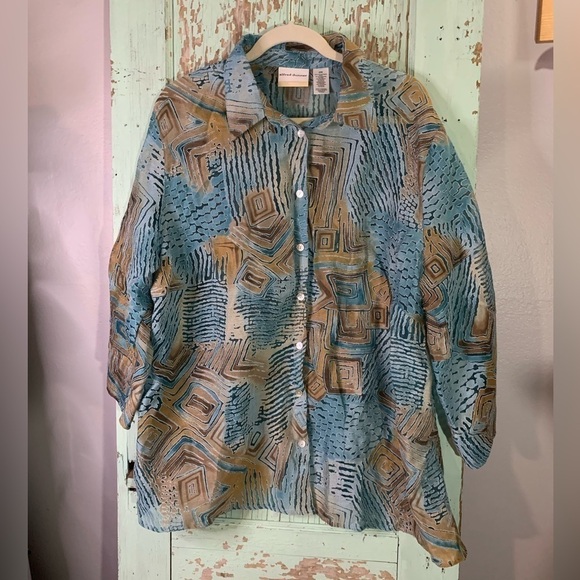 Women’s Alfred Dunner 3/4 sleeve blue brown abstract pattern sheer button down - Picture 1 of 5